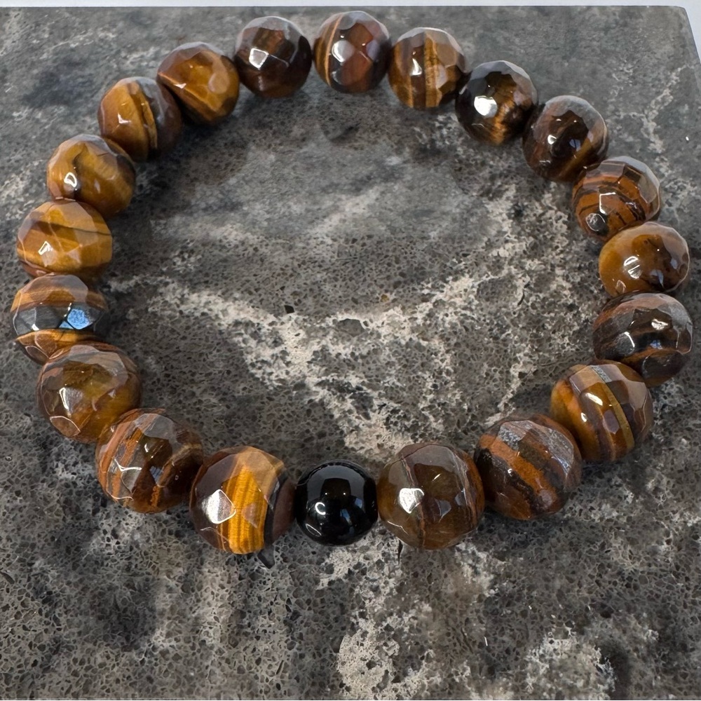 Hand Crafted Faceted Tiger Eye Stretch Bracelet Brown 6.75" Beaded NWT - Picture 7 of 12